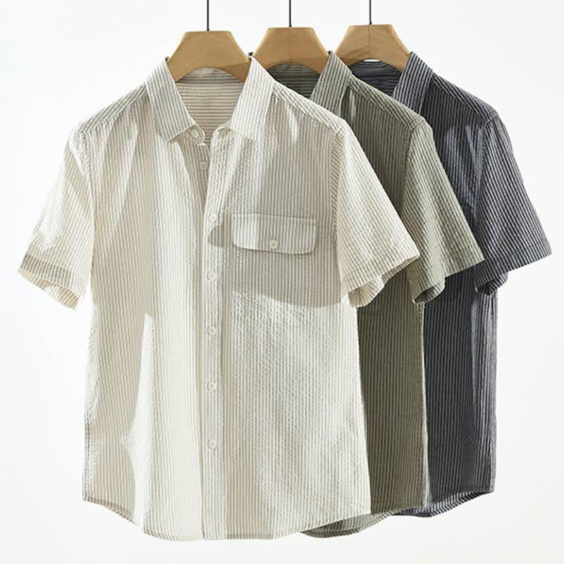 Buddha Stones Summer Casual Button-Up Striped Cotton Men's Short Sleeve Shirts With Decorative Pocket - image 14