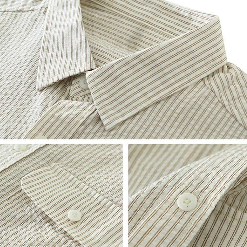 Buddha Stones Summer Casual Button-Up Striped Cotton Men's Short Sleeve Shirts With Decorative Pocket - image 3
