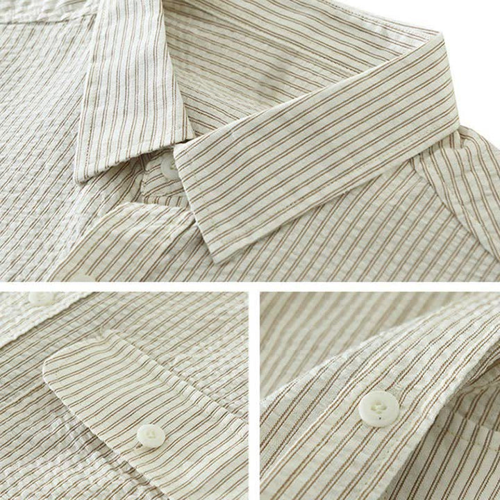 Buddha Stones Summer Casual Button-Up Striped Cotton Men's Short Sleeve Shirts With Decorative Pocket - image 3