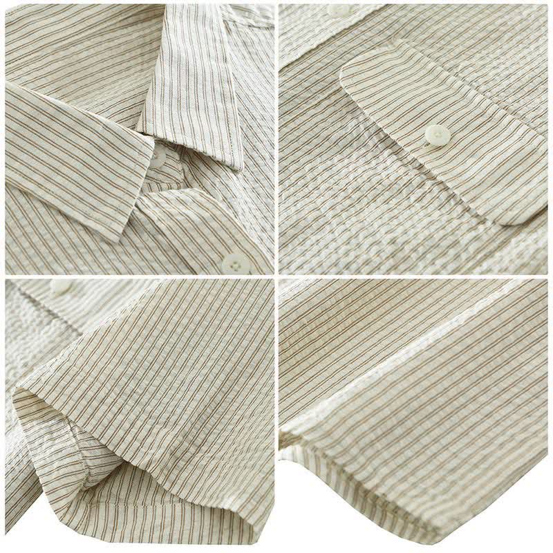 Buddha Stones Summer Casual Button-Up Striped Cotton Men's Short Sleeve Shirts With Decorative Pocket - image 4