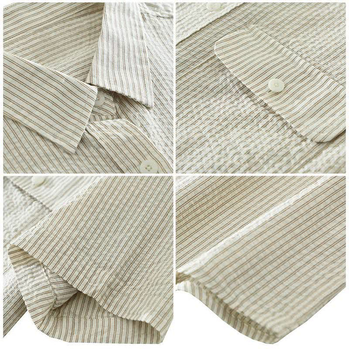 Buddha Stones Summer Casual Button-Up Striped Cotton Men's Short Sleeve Shirts With Decorative Pocket - image 4