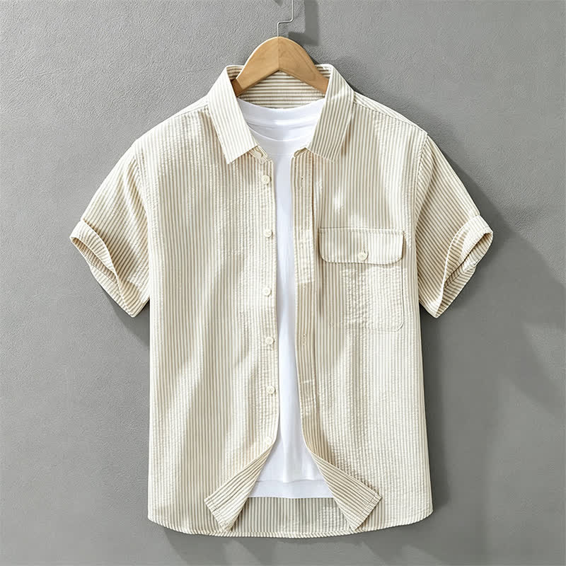 Buddha Stones Summer Casual Button-Up Striped Cotton Men's Short Sleeve Shirts With Decorative Pocket - Wheat - US/UK/AU42，EU52 (3XL) - image 1