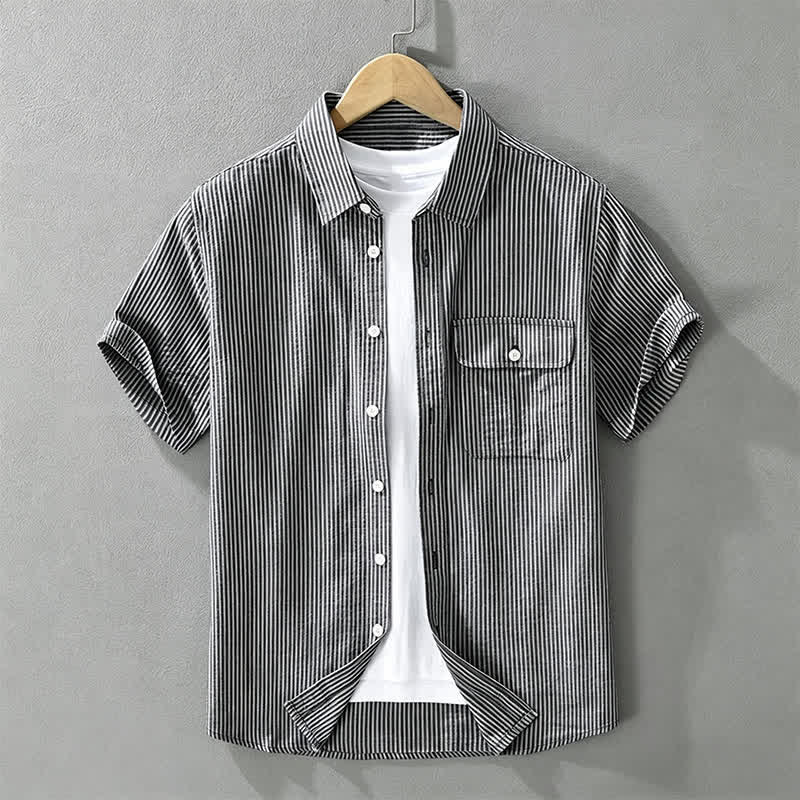 Buddha Stones Summer Casual Button-Up Striped Cotton Men's Short Sleeve Shirts With Decorative Pocket - SteelBlue - US/UK/AU42，EU52 (3XL) - image 13