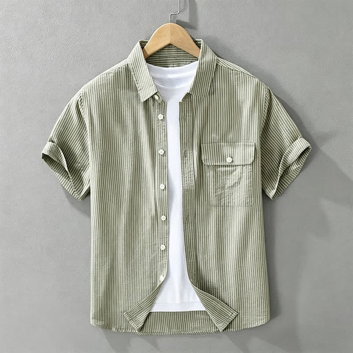 Buddha Stones Summer Casual Button-Up Striped Cotton Men's Short Sleeve Shirts With Decorative Pocket - DarkSeaGreen - US/UK/AU42，EU52 (3XL) - image 0