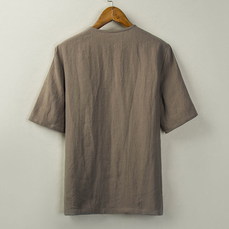 Buddha Stones Summer Tang Style Knot Button Side Slit Solid Men's Shirts - image 13