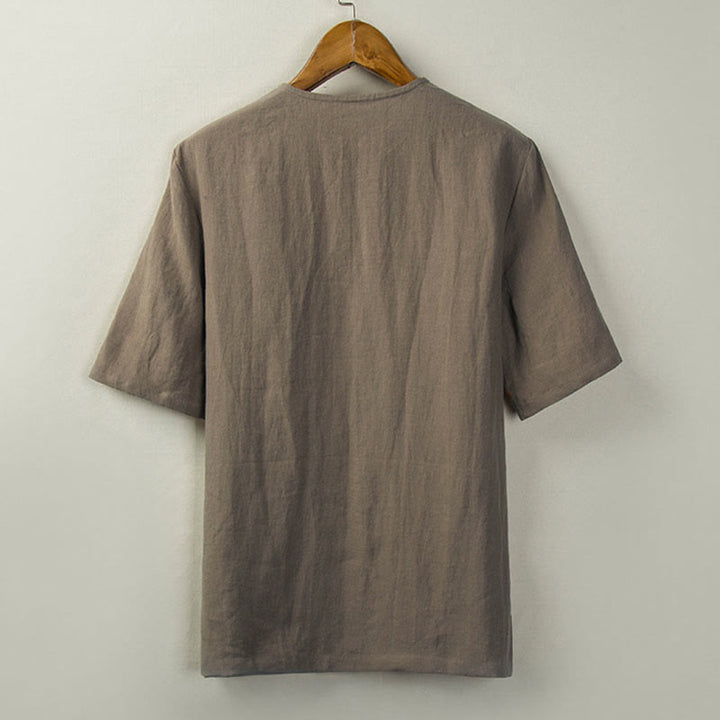 Buddha Stones Summer Tang Style Knot Button Side Slit Solid Men's Shirts - image 13