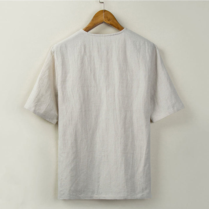 Buddha Stones Summer Tang Style Knot Button Side Slit Solid Men's Shirts - image 1