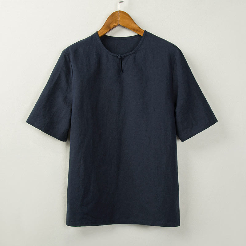 Buddha Stones Summer Tang Style Knot Button Side Slit Solid Men's Shirts - MidnightBlue - US/UK/AU46，EU56 (5XL) - image 4