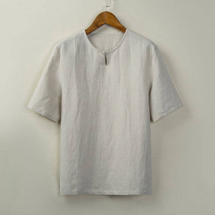 Buddha Stones Summer Tang Style Knot Button Side Slit Solid Men's Shirts - Linen - US/UK/AU46，EU56 (5XL) - image 0
