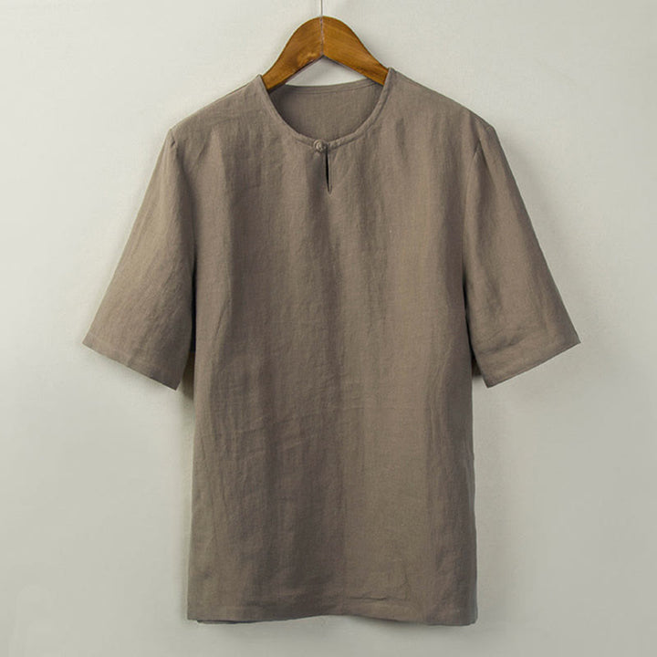 Buddha Stones Summer Tang Style Knot Button Side Slit Solid Men's Shirts - Tan - US/UK/AU46，EU56 (5XL) - image 12