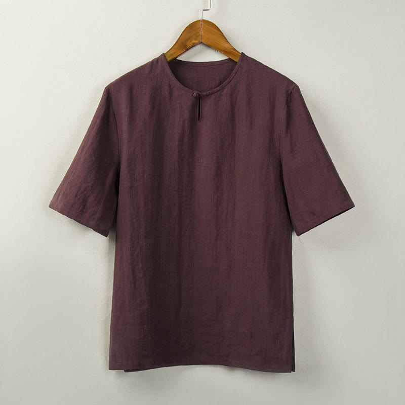 Buddha Stones Summer Tang Style Knot Button Side Slit Solid Men's Shirts - DarkRed - US/UK/AU46，EU56 (5XL) - image 2