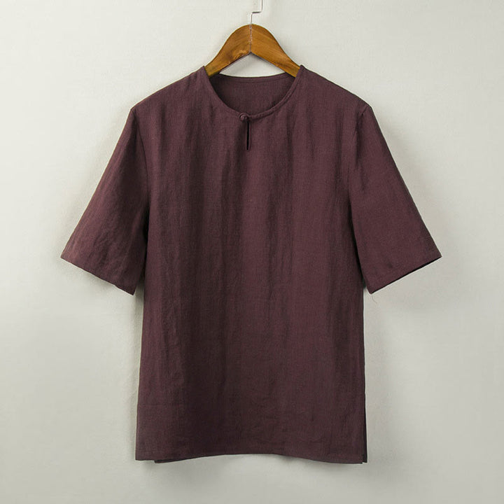 Buddha Stones Summer Tang Style Knot Button Side Slit Solid Men's Shirts - DarkRed - US/UK/AU46，EU56 (5XL) - image 2