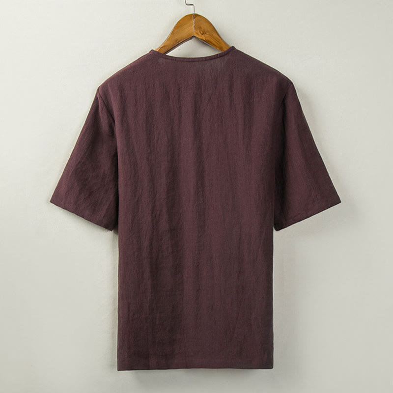Buddha Stones Summer Tang Style Knot Button Side Slit Solid Men's Shirts - image 3