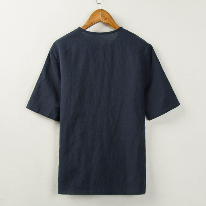Buddha Stones Summer Tang Style Knot Button Side Slit Solid Men's Shirts - image 5
