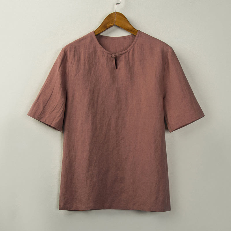 Buddha Stones Summer Tang Style Knot Button Side Slit Solid Men's Shirts - DarkSalmon - US/UK/AU46，EU56 (5XL) - image 6