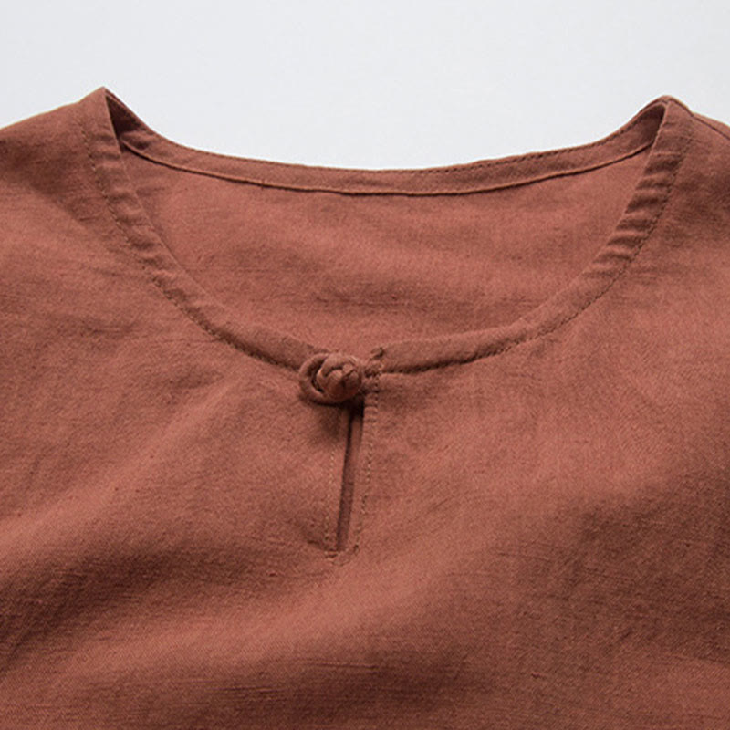 Buddha Stones Summer Tang Style Knot Button Side Slit Solid Men's Shirts - image 8