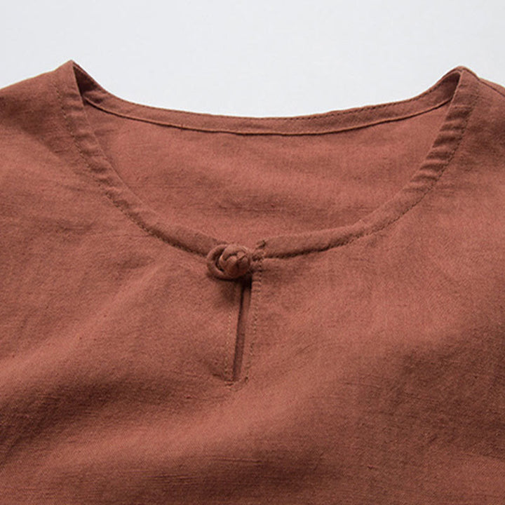 Buddha Stones Summer Tang Style Knot Button Side Slit Solid Men's Shirts - image 8