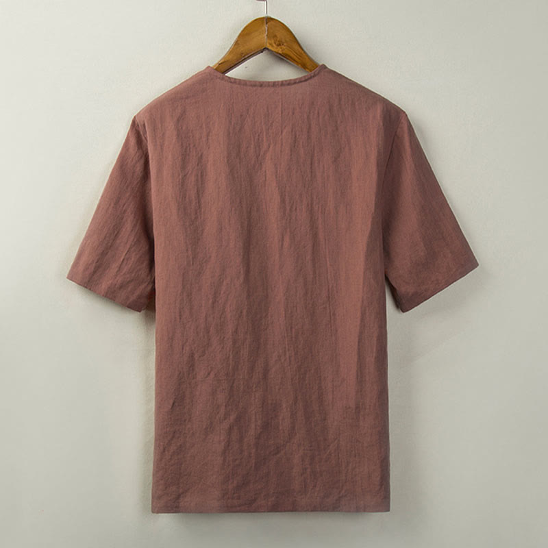Buddha Stones Summer Tang Style Knot Button Side Slit Solid Men's Shirts - image 7