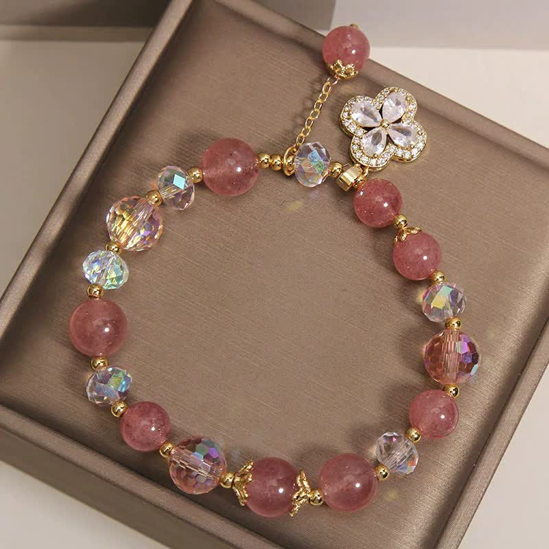 Buddha Stones Strawberry Quartz Clover Love Beaded Tassel Bracelet - image 7