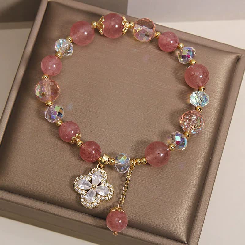 Buddha Stones Strawberry Quartz Clover Love Beaded Tassel Bracelet - image 4