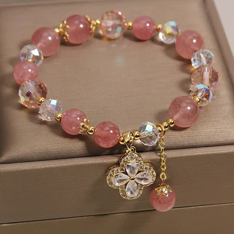 Buddha Stones Strawberry Quartz Clover Love Beaded Tassel Bracelet - image 3