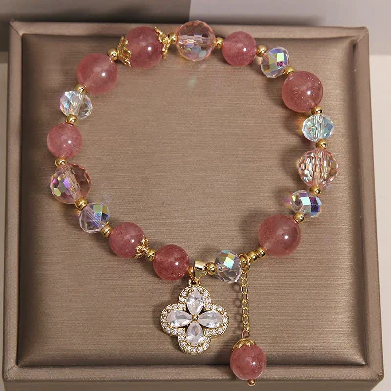 Buddha Stones Strawberry Quartz Clover Love Beaded Tassel Bracelet - image 6