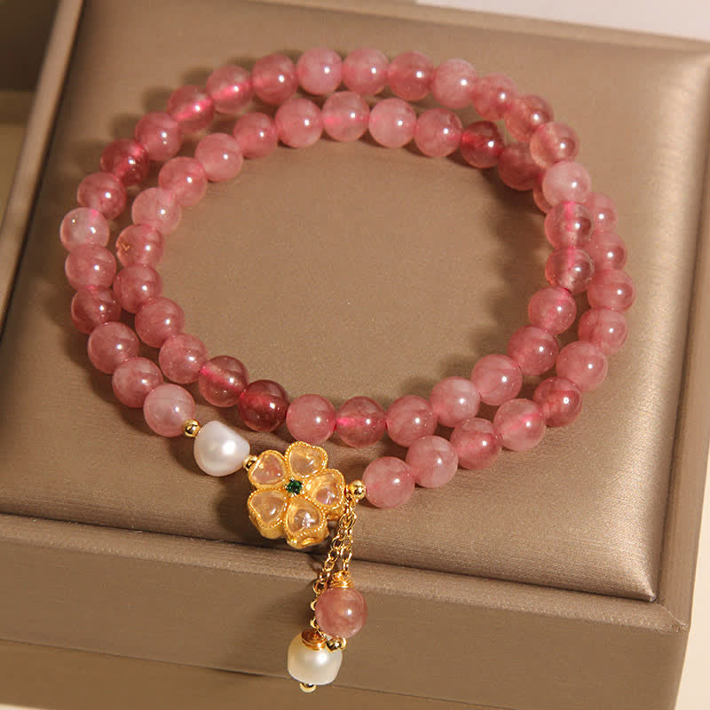 Buddha Stones Strawberry Quartz Pearl Clover Love Double Wrap Bracelet - image 4