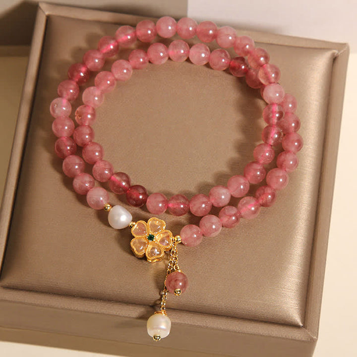 Buddha Stones Strawberry Quartz Pearl Clover Love Double Wrap Bracelet - image 3