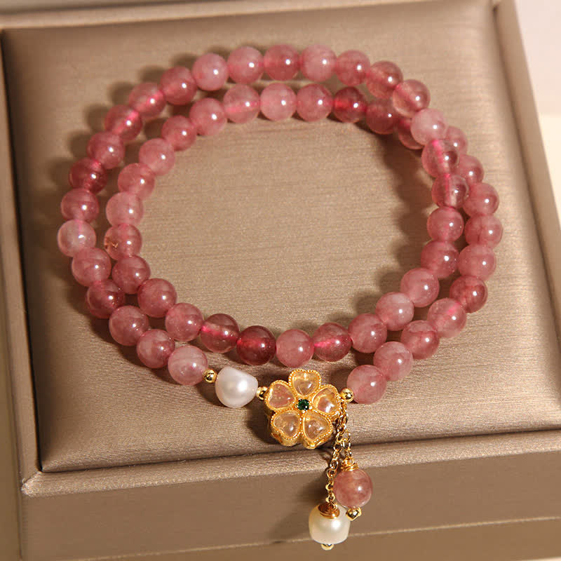 Buddha Stones Strawberry Quartz Pearl Clover Love Double Wrap Bracelet - image 6