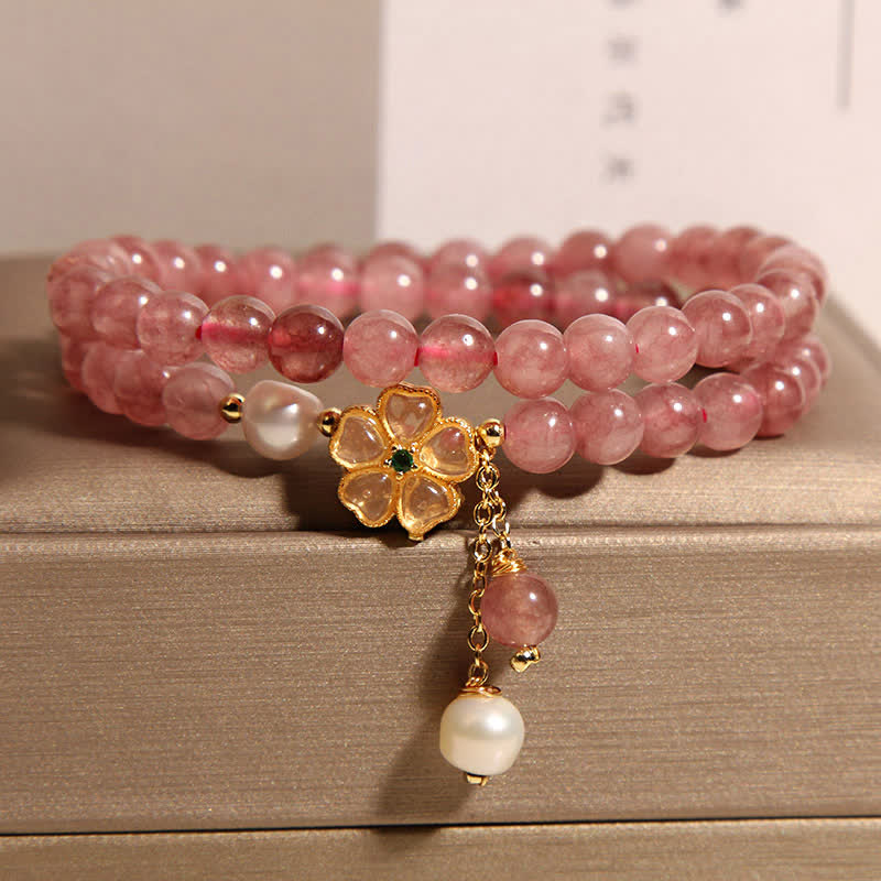 Buddha Stones Strawberry Quartz Pearl Clover Love Double Wrap Bracelet - image 2