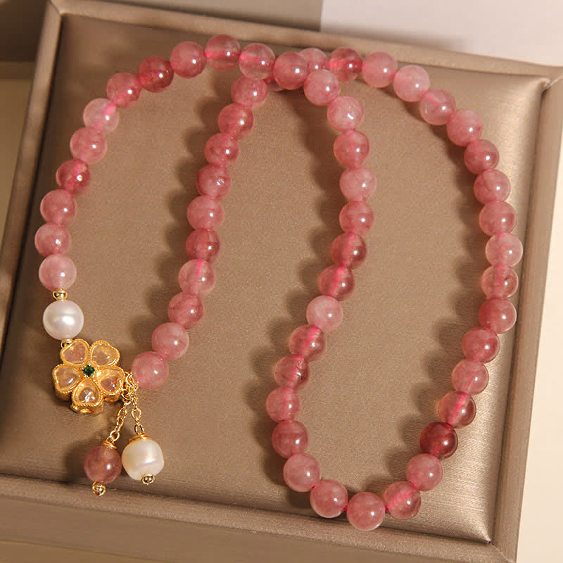Buddha Stones Strawberry Quartz Pearl Clover Love Double Wrap Bracelet - image 8