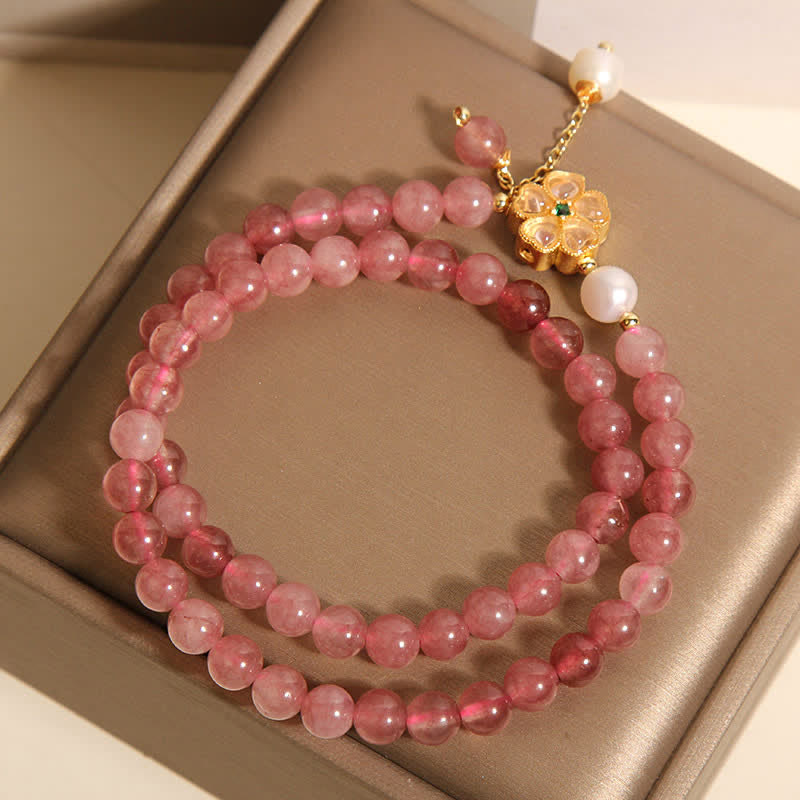 Buddha Stones Strawberry Quartz Pearl Clover Love Double Wrap Bracelet - image 7