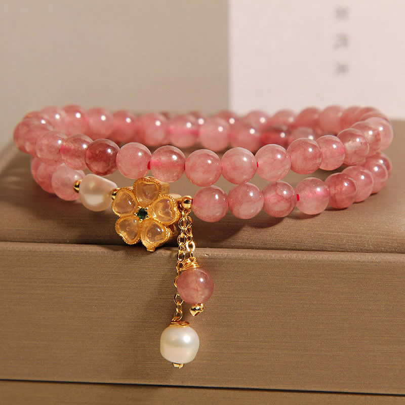 Buddha Stones Strawberry Quartz Pearl Clover Love Double Wrap Bracelet - image 1
