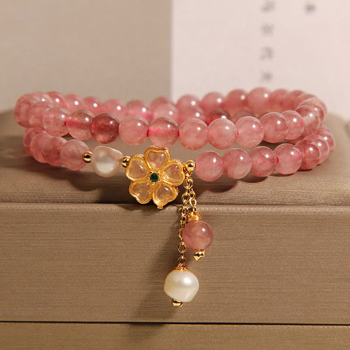 Buddha Stones Strawberry Quartz Pearl Clover Love Double Wrap Bracelet - Strawberry Quartz(Love ♥ Healing) - image 0