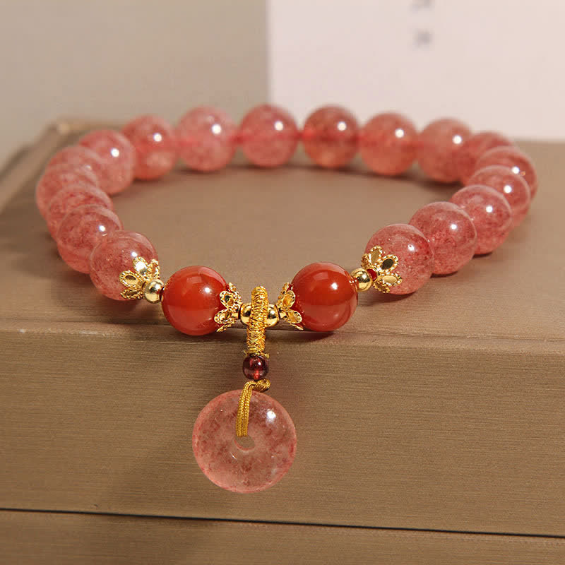 Buddha Stones Strawberry Quartz Peace Buckle Love Round Beaded Bracelet - image 1