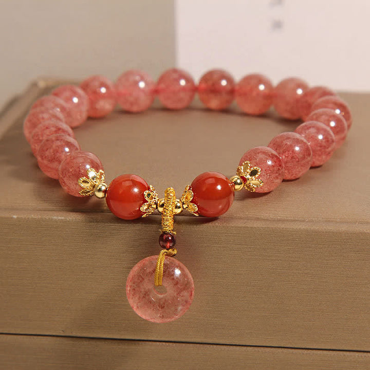 Buddha Stones Strawberry Quartz Peace Buckle Love Round Beaded Bracelet - image 1