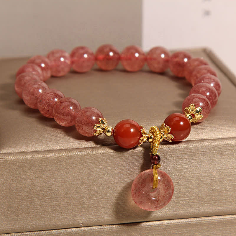 Buddha Stones Strawberry Quartz Peace Buckle Love Round Beaded Bracelet - image 2