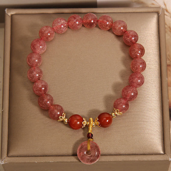 Buddha Stones Strawberry Quartz Peace Buckle Love Round Beaded Bracelet - image 4