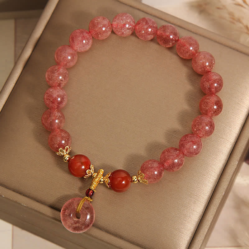 Buddha Stones Strawberry Quartz Peace Buckle Love Round Beaded Bracelet - image 3