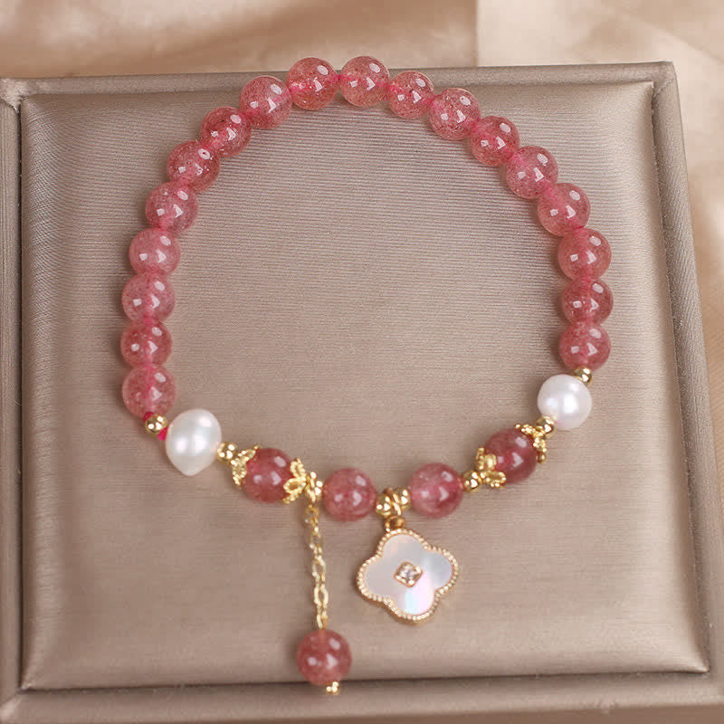 Buddha Stones Strawberry Quartz Pearl Shell Four-Leaf Clover Love Round Bead Bracelet - image 9
