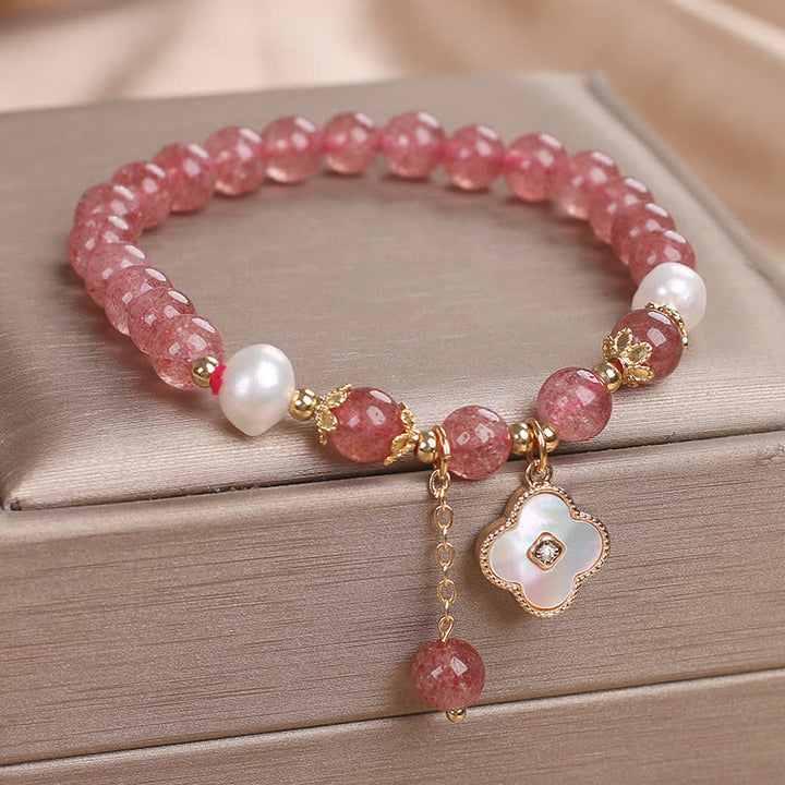 Buddha Stones Strawberry Quartz Pearl Shell Four-Leaf Clover Love Round Bead Bracelet - image 1