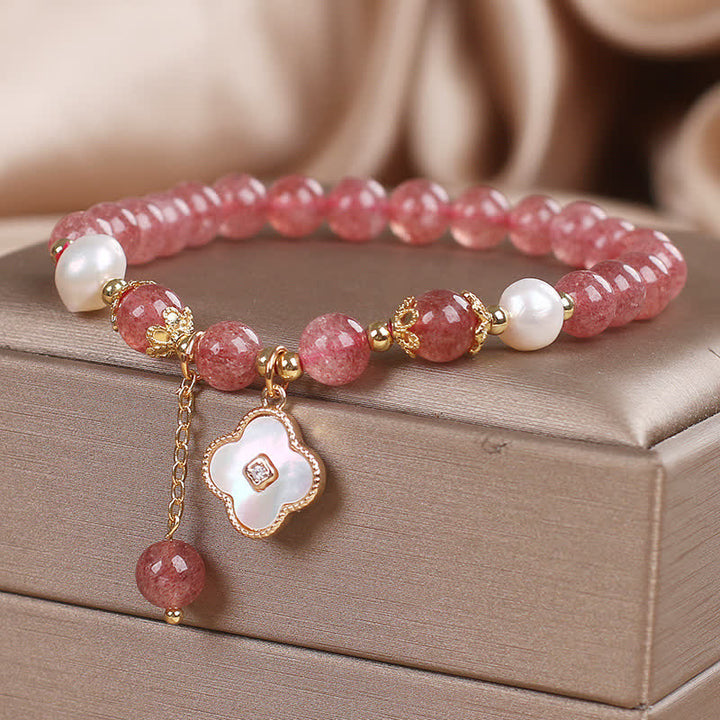 Buddha Stones Strawberry Quartz Pearl Shell Four-Leaf Clover Love Round Bead Bracelet - image 4
