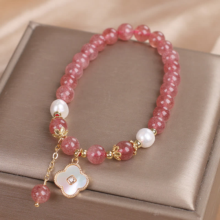 Buddha Stones Strawberry Quartz Pearl Shell Four-Leaf Clover Love Round Bead Bracelet - image 7