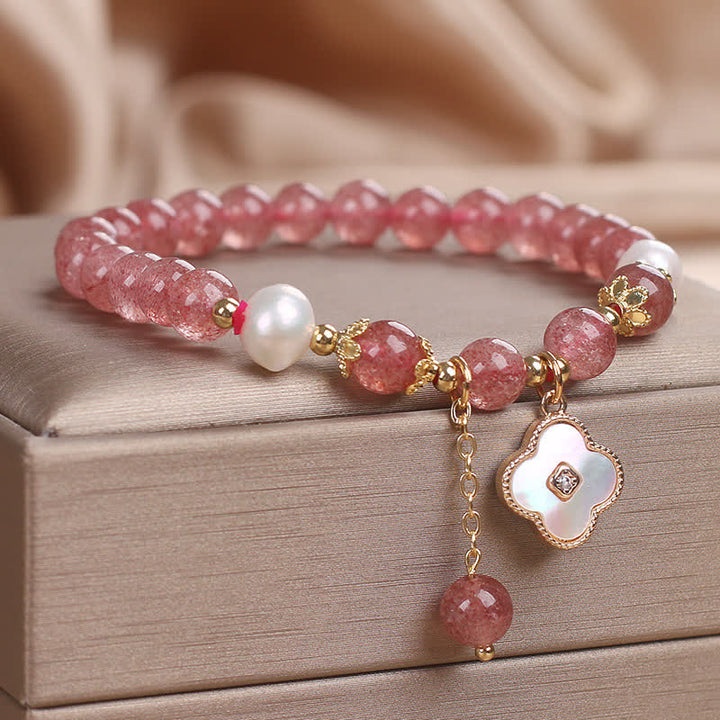 Buddha Stones Strawberry Quartz Pearl Shell Four-Leaf Clover Love Round Bead Bracelet - image 2
