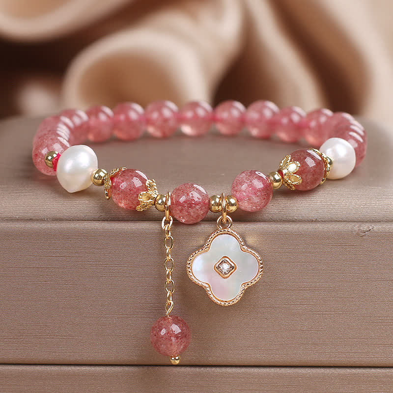 Buddha Stones Strawberry Quartz Pearl Shell Four-Leaf Clover Love Round Bead Bracelet - Strawberry Quartz(Love ♥ Healing) - image 0