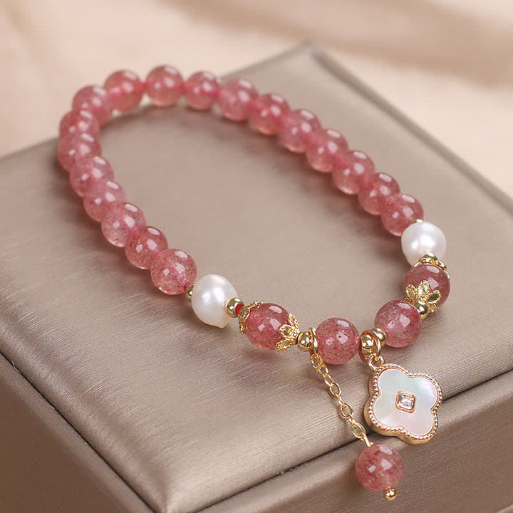 Buddha Stones Strawberry Quartz Pearl Shell Four-Leaf Clover Love Round Bead Bracelet - image 6