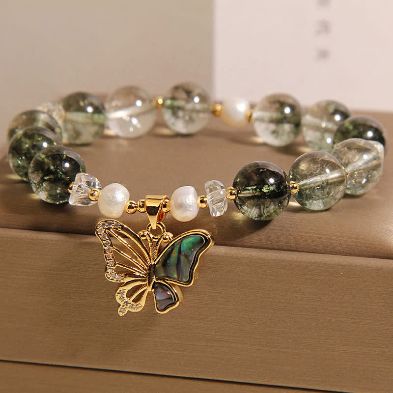 Buddha Stones Green Phantom Pearl Accent Butterfly Growth Beaded Bracelet - image 1