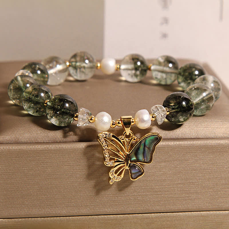 Buddha Stones Green Phantom Pearl Accent Butterfly Growth Beaded Bracelet - image 2