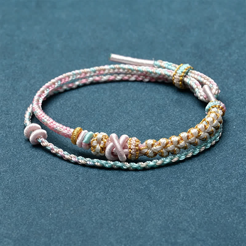 Buddha Stones Hand-Woven String Peach Blossom Knotting Connection Double Layer Bracelet - Pink - No Accessory - image 12