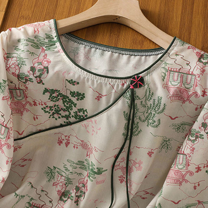Buddha Stones Summer Tang Style Frog Button Floral Pavilion Women's Elbow-Length Sleeve Shirts - image 3
